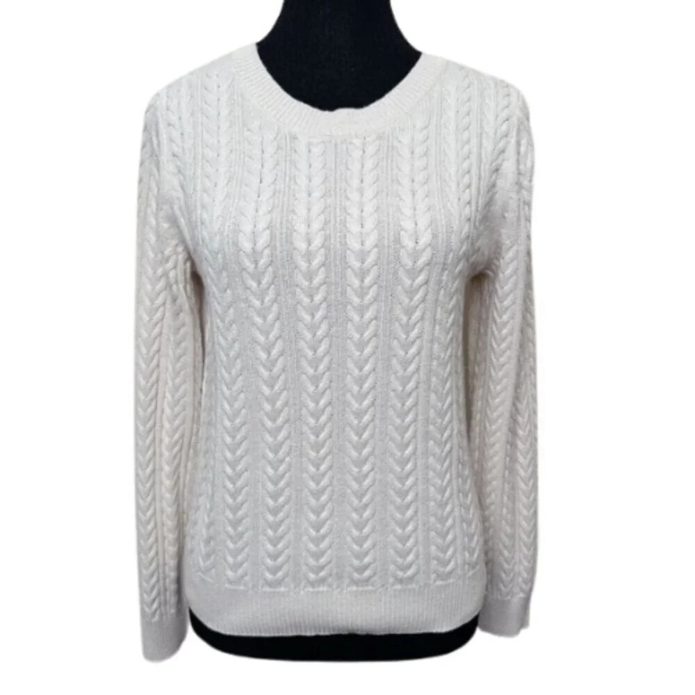 H&M  Basic Womens Medium Cable Light Cotton Crew Neck Sweater In Ivory